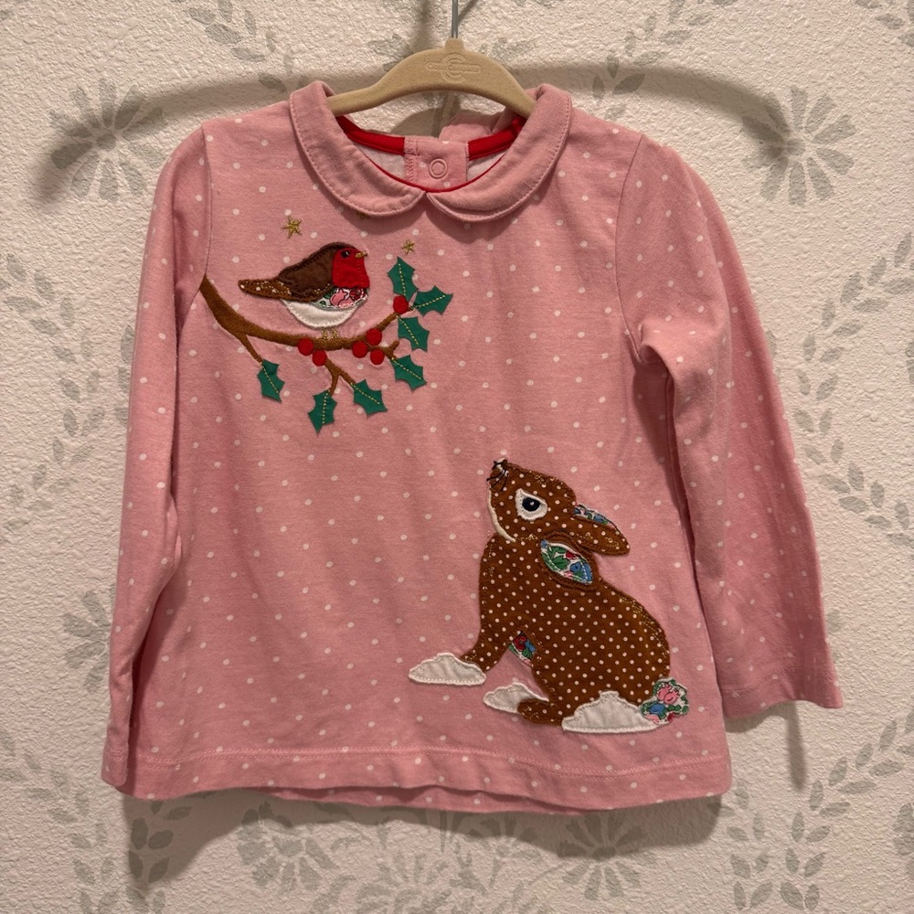 Baby Boden Pink Long Sleeve Shirt with bunny and bird appliqués. 12-18 mos.